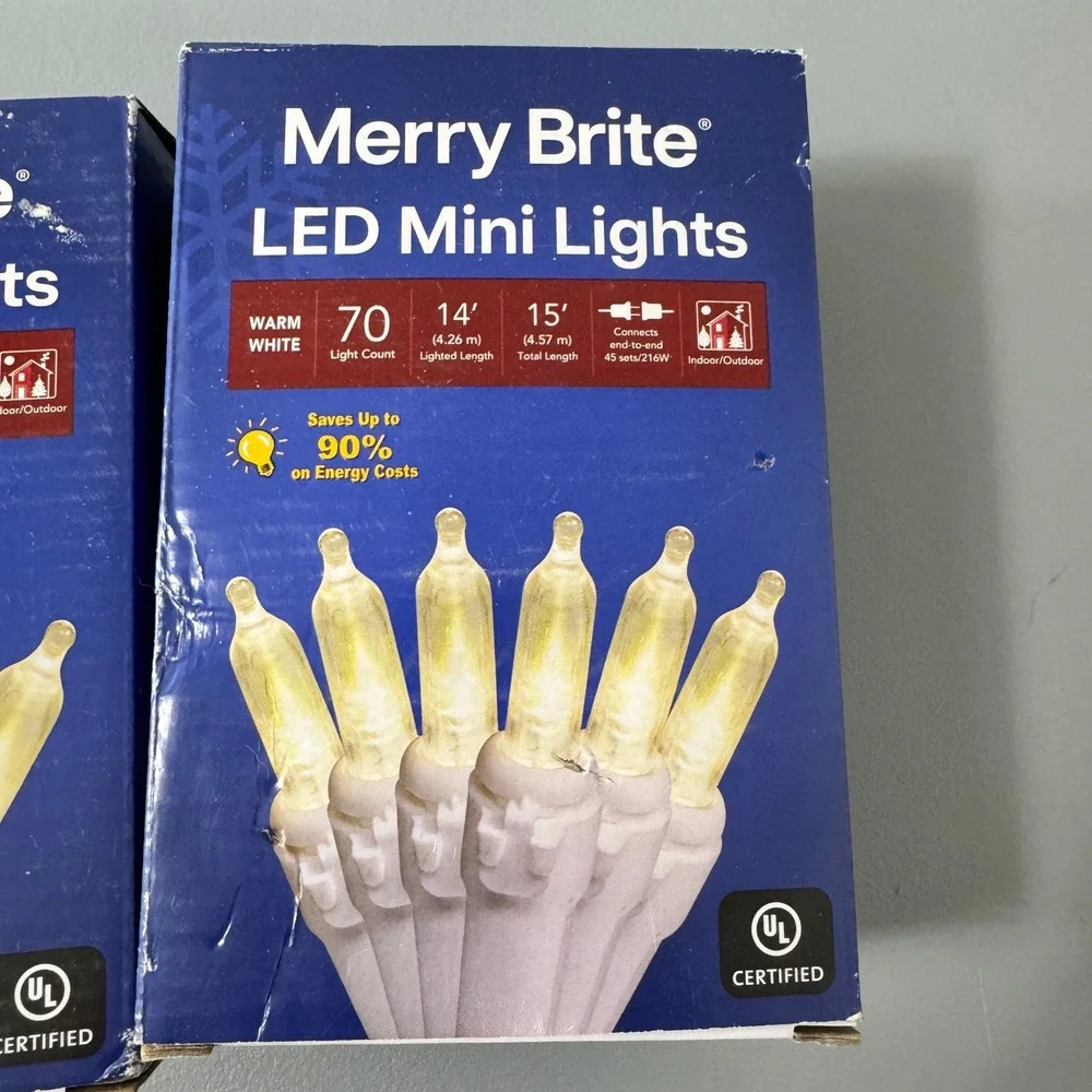 Merry Brite 70 Count Warm White LED Mini‎ Lights Indoor Outdoor2 Boxes Total